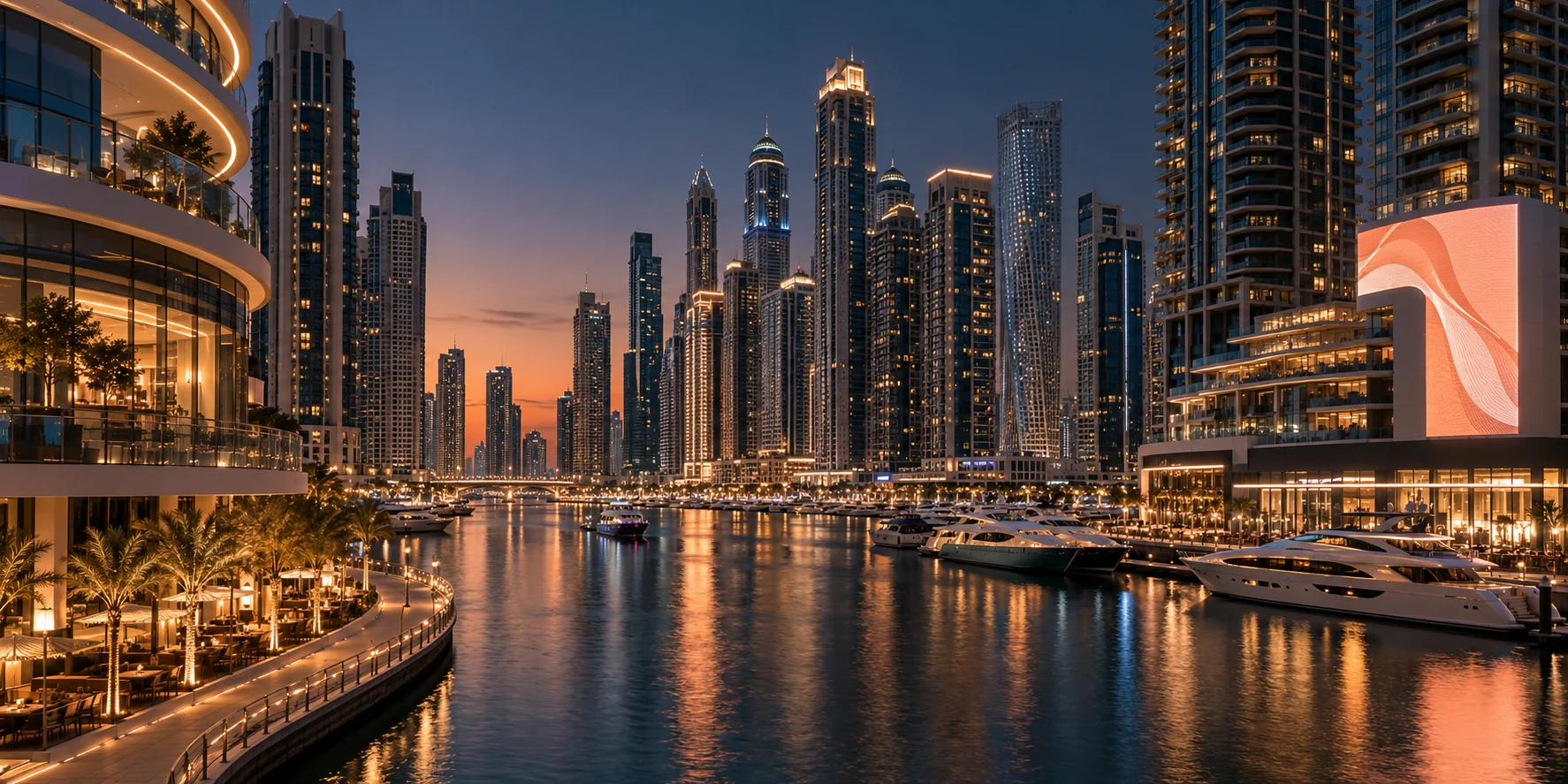 Dubai Marina at blue hour with warm architectural lighting