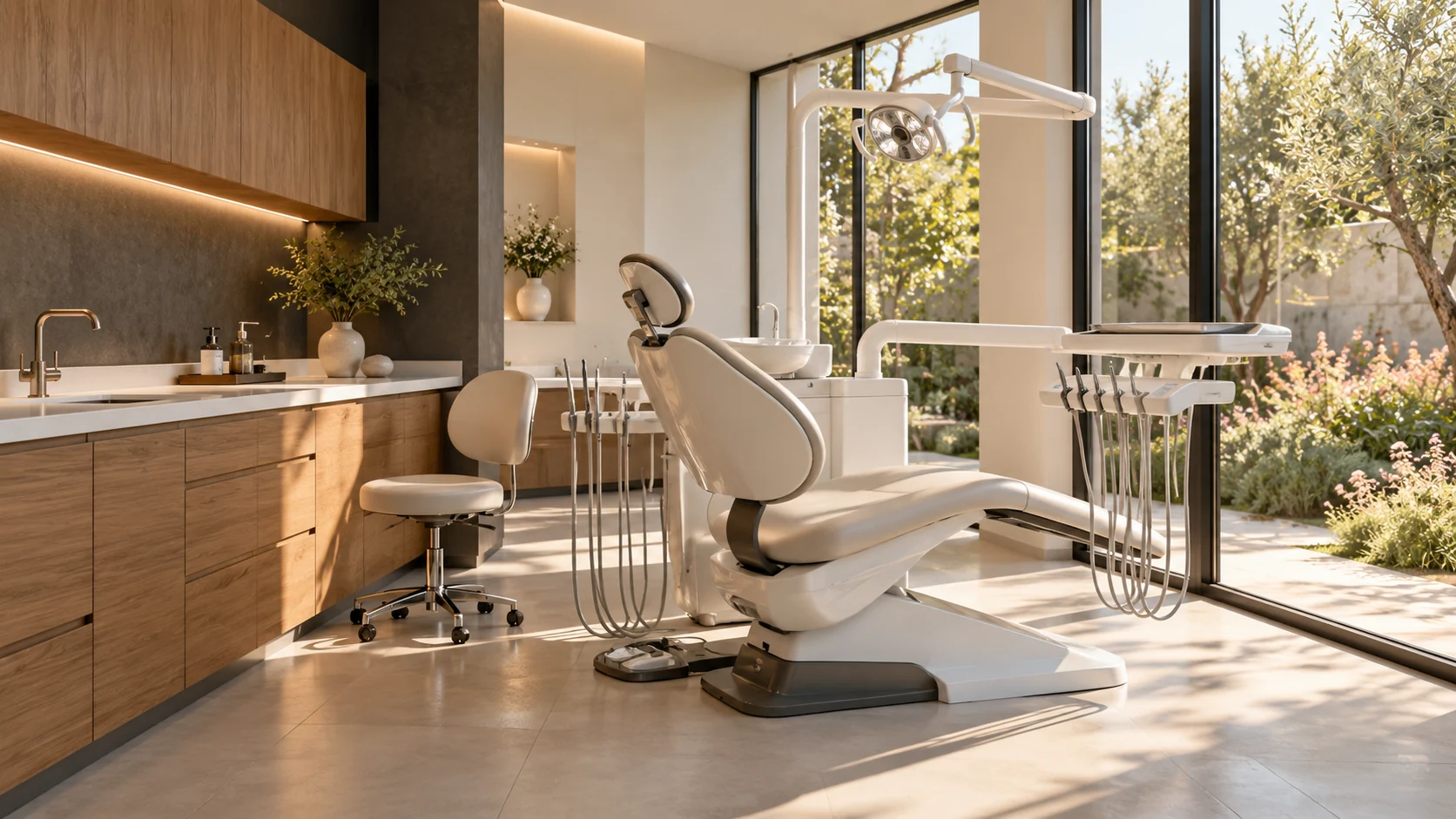 Bright contemporary dental treatment room with a single dental chair