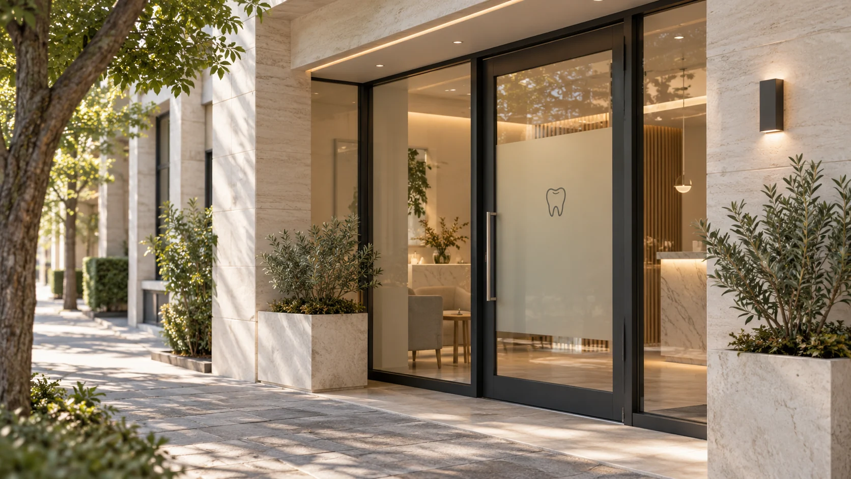 Contemporary dental practice entrance beside a tree-lined pedestrian walkway