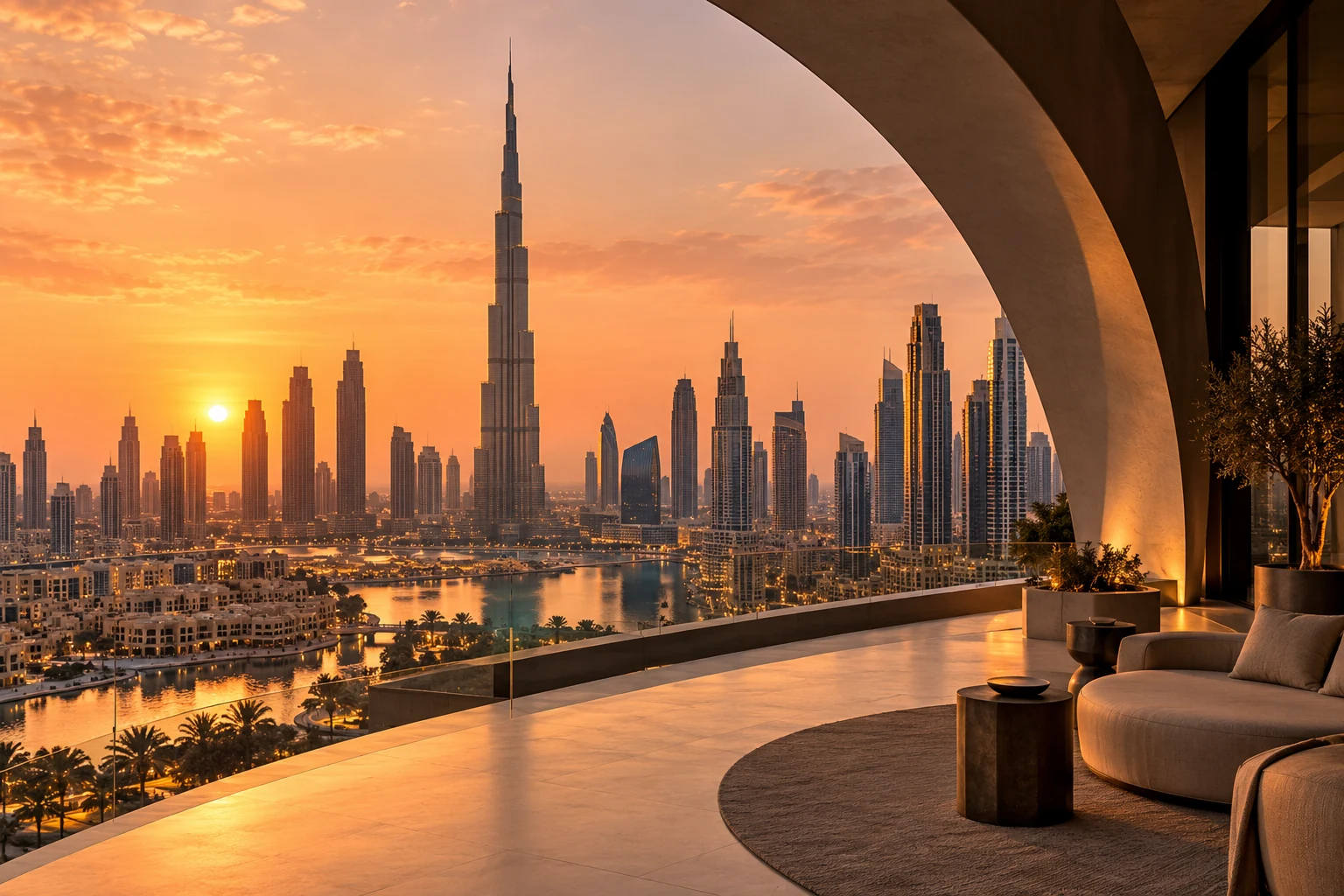 Dubai skyline at sunset viewed from a curved architectural terrace