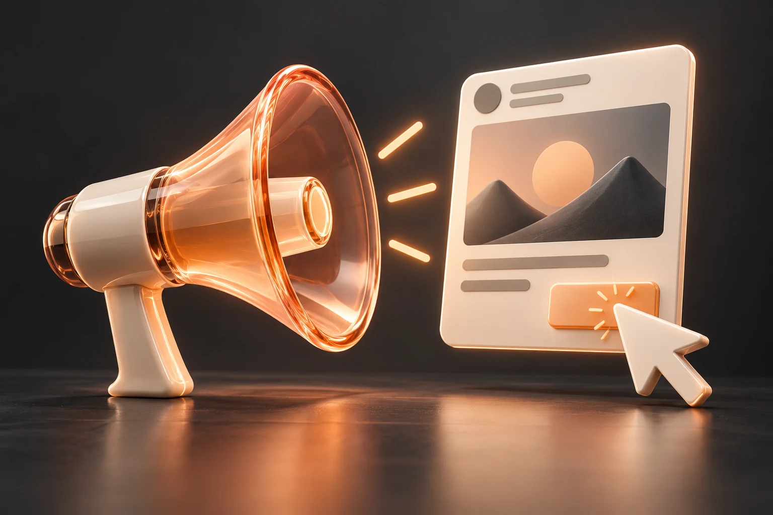 Glass megaphone and a digital advertisement with a cursor
