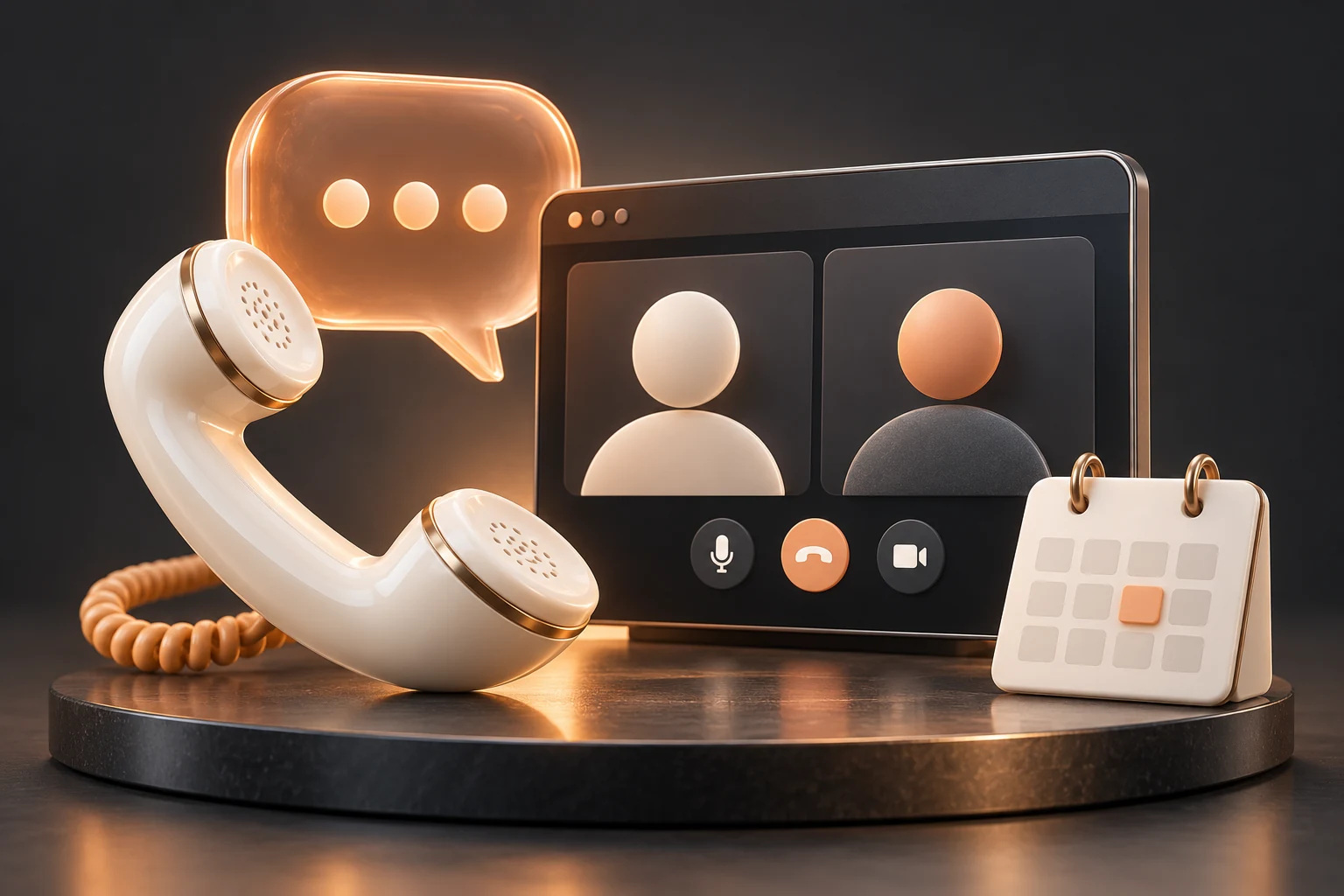Speech bubble, telephone, video call window and appointment calendar