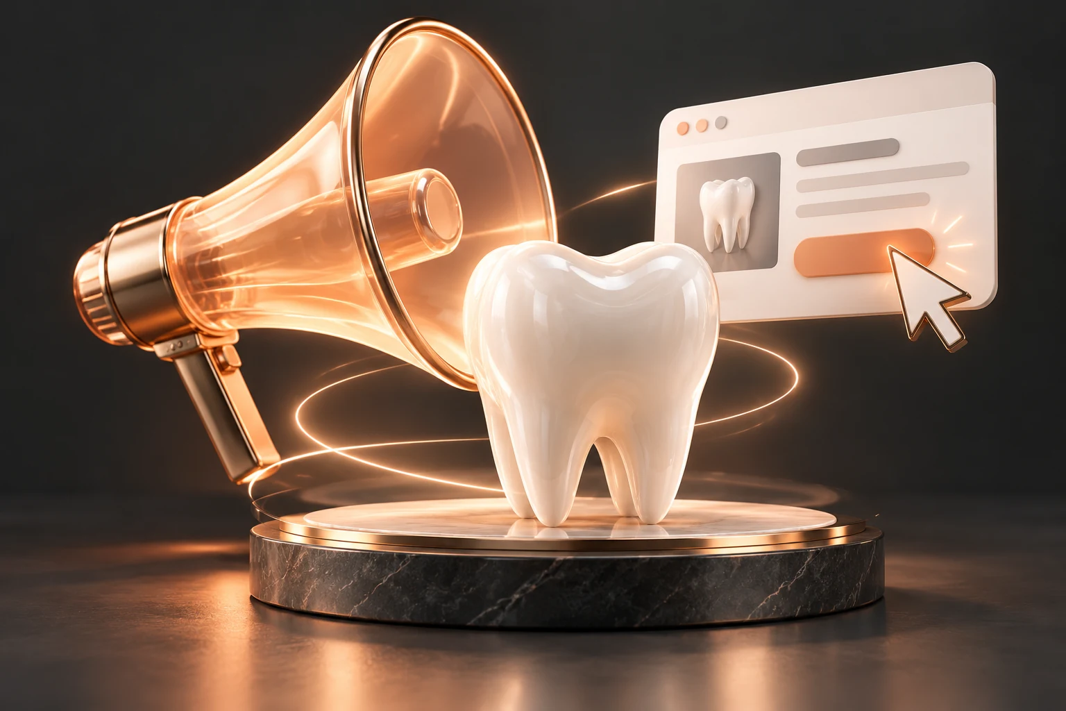 Dental tooth, megaphone and search advertisement