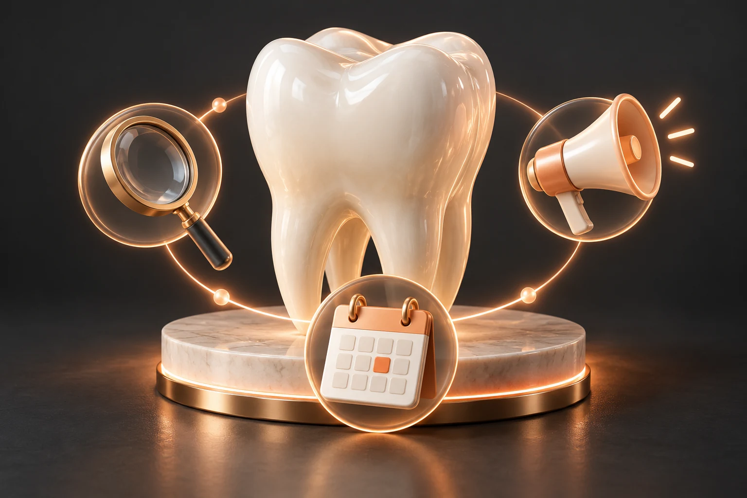Molar tooth connected to search, advertising and consultation symbols
