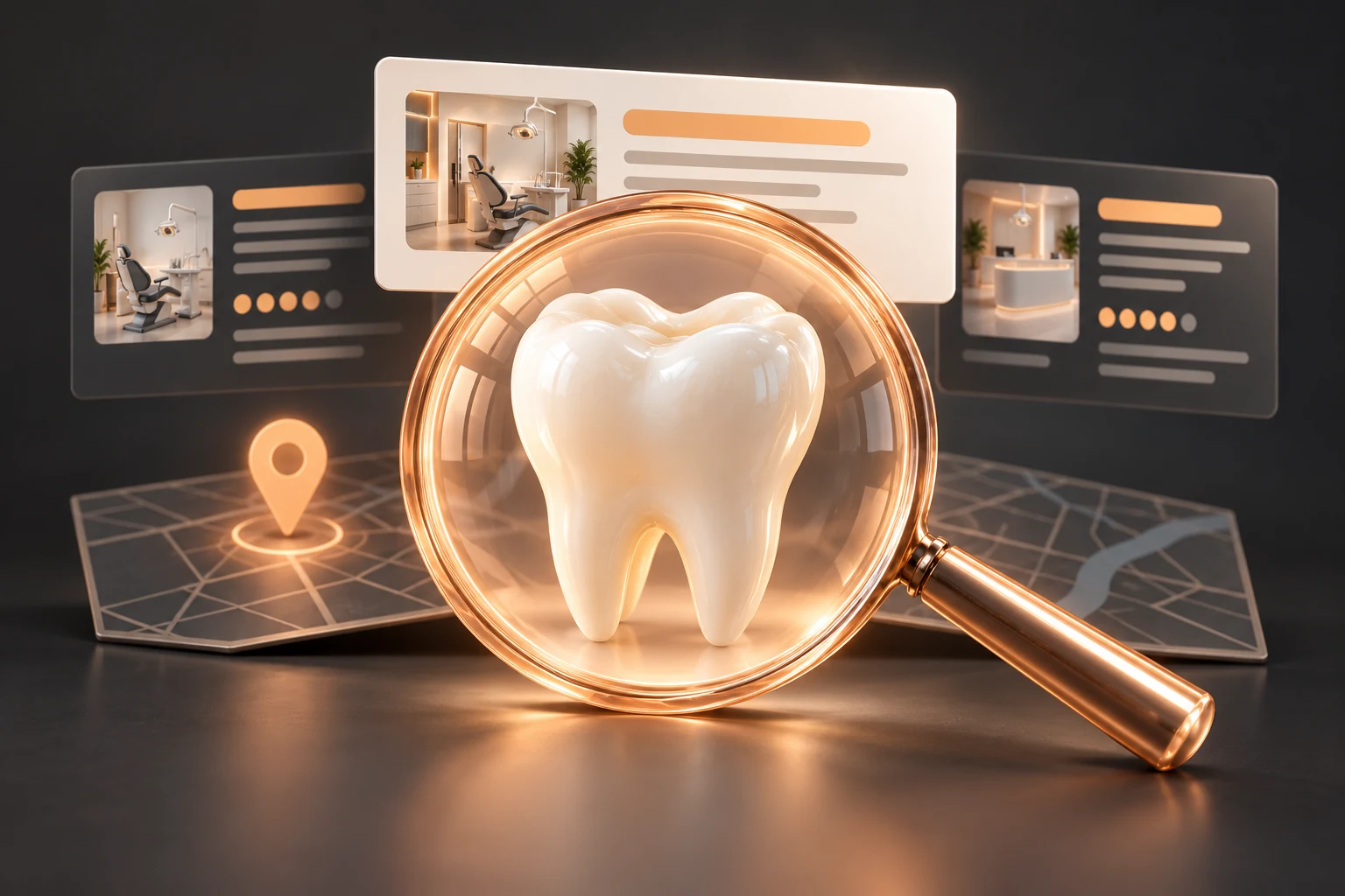 Magnifying glass around a tooth with search results and a map pin