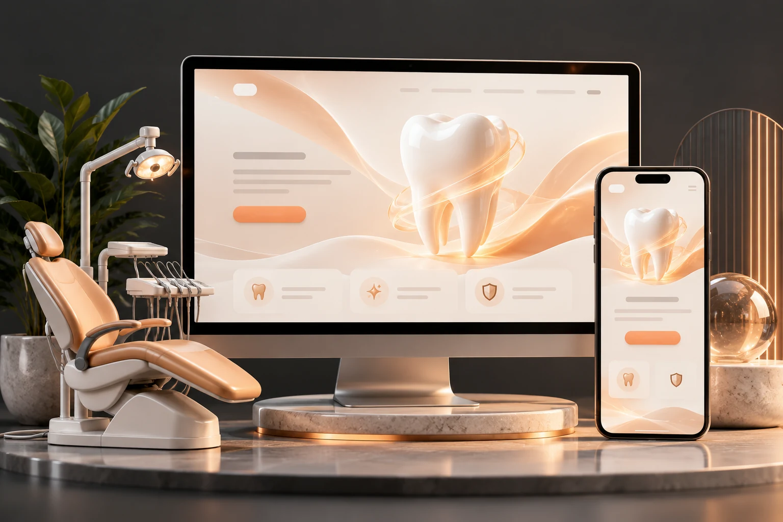 Dental website on desktop and mobile screens beside a dental chair