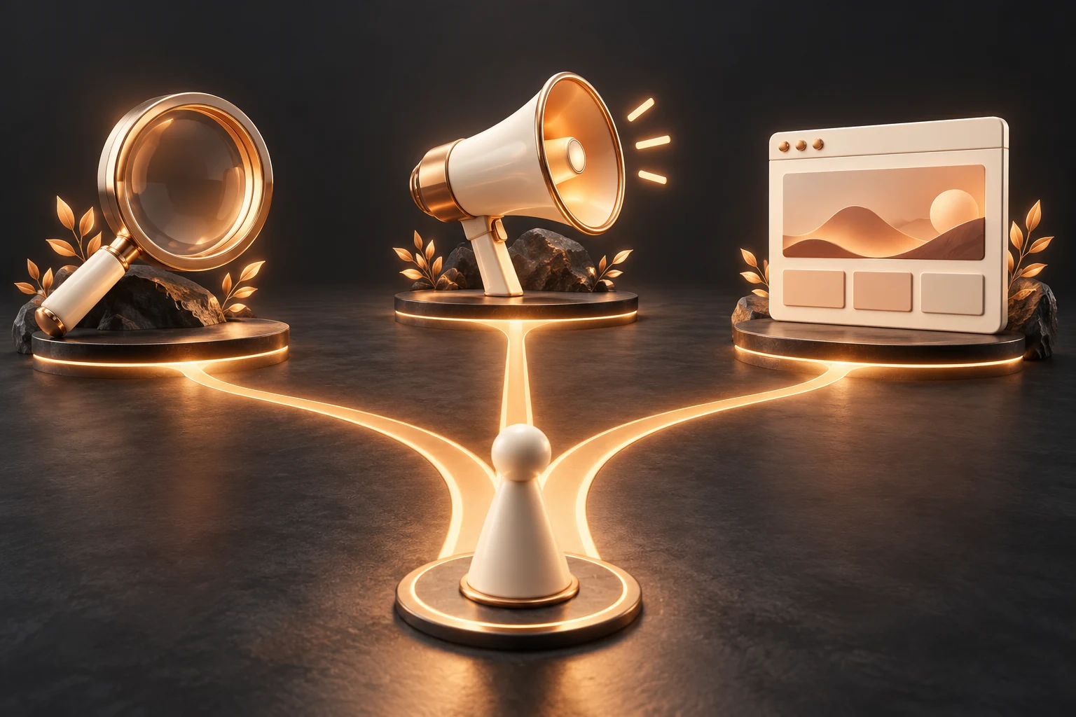 Three paths leading to search, advertising and website design symbols