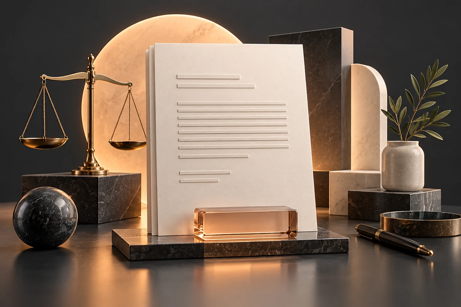 Business document and peach glass paperweight on a charcoal surface