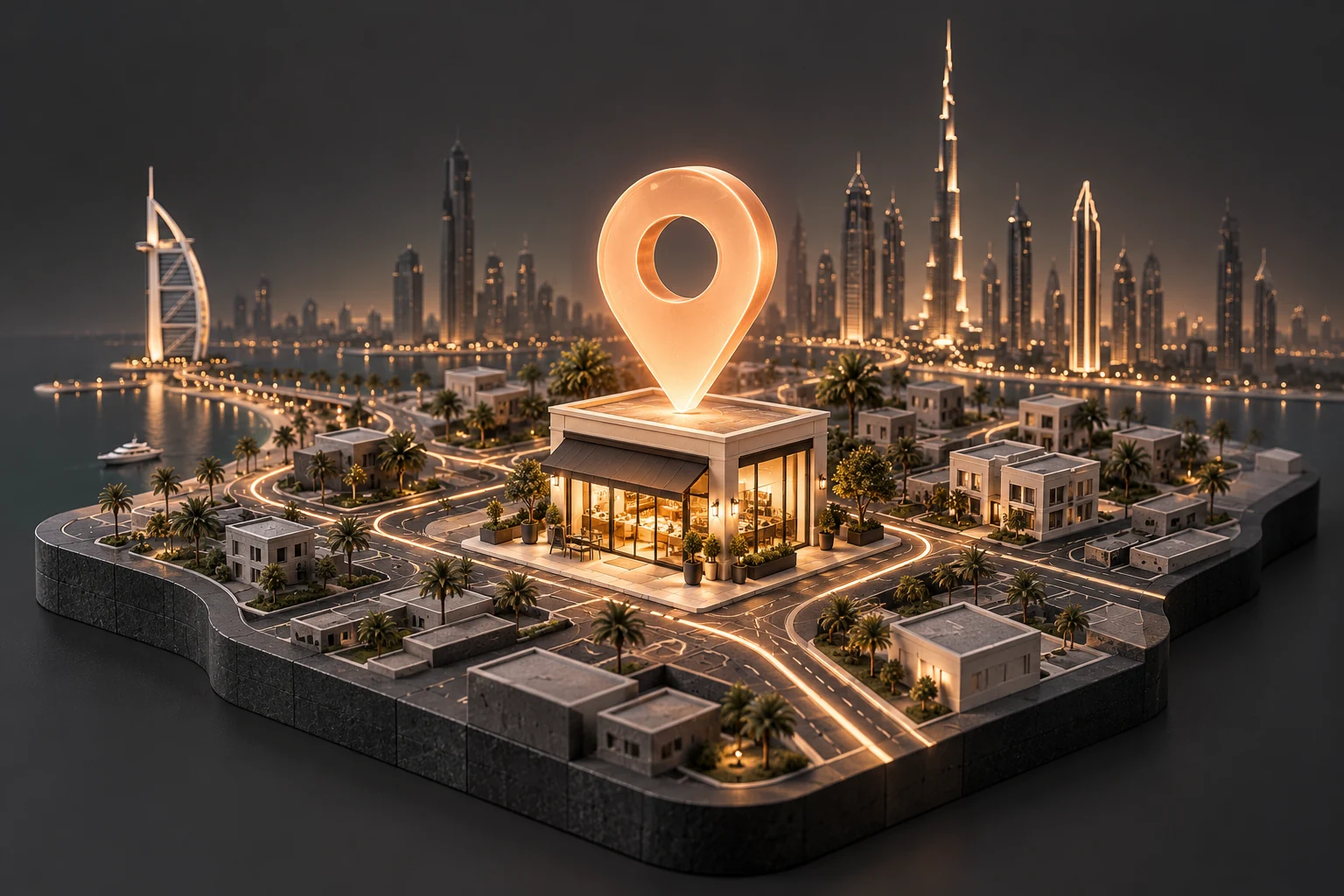 Dubai neighbourhood map with a storefront and a glowing location pin