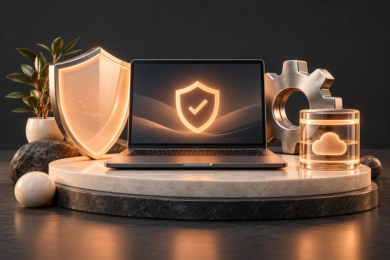 Laptop, protection shield, maintenance gear and backup storage