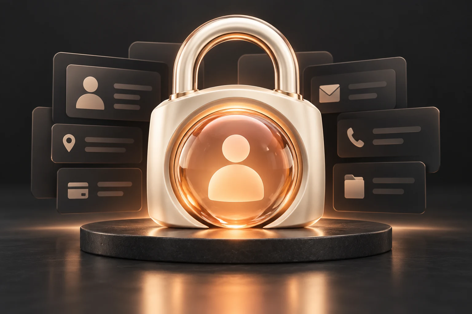 Padlock protecting a person symbol and information cards