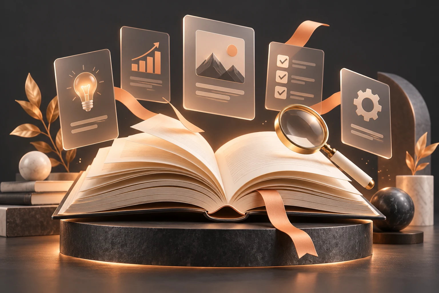 Open book with floating bookmarks and practical knowledge cards