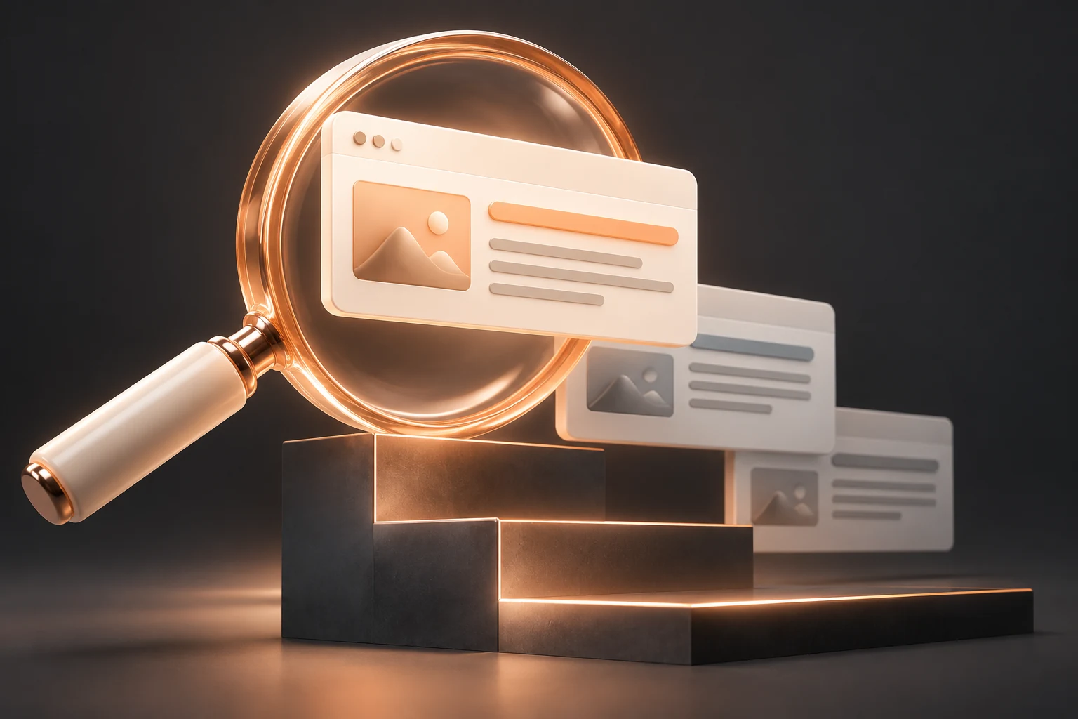 Three-dimensional magnifying glass examining website search results
