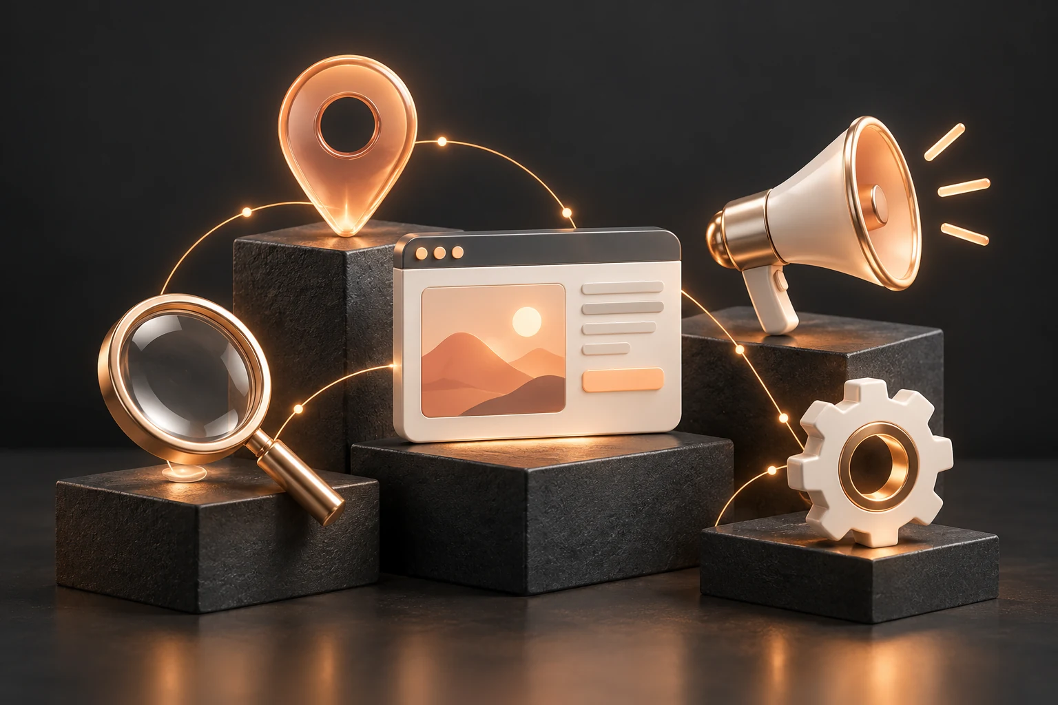 Connected objects representing SEO, local search, advertising, websites and maintenance