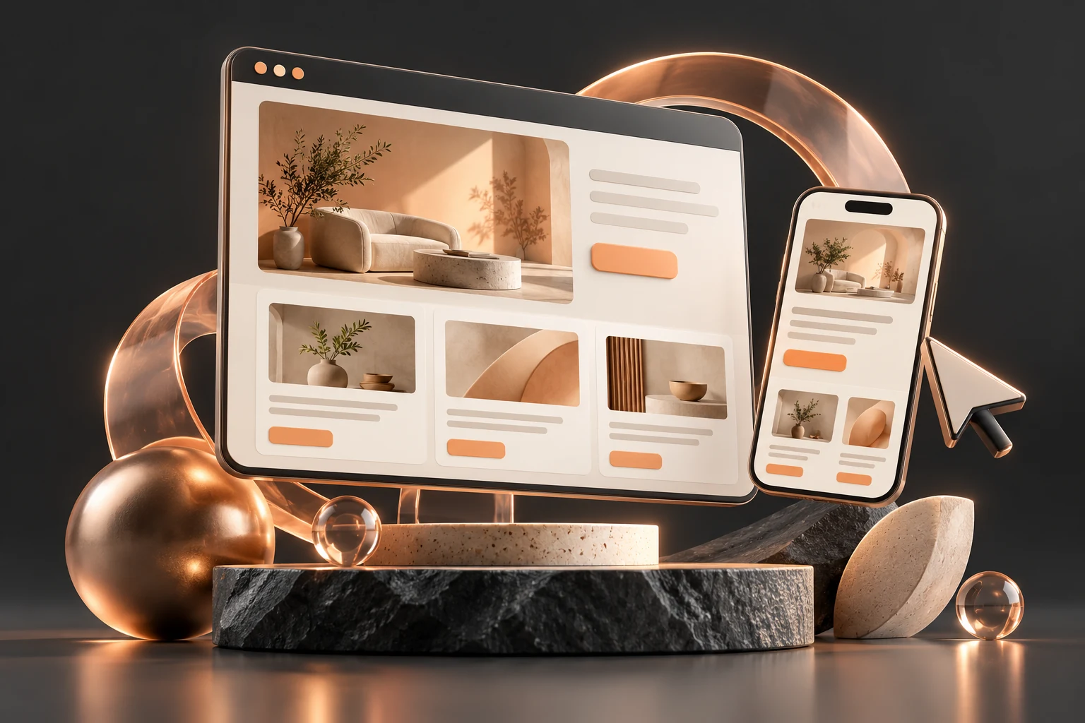 Desktop and mobile website layouts in a three-dimensional composition
