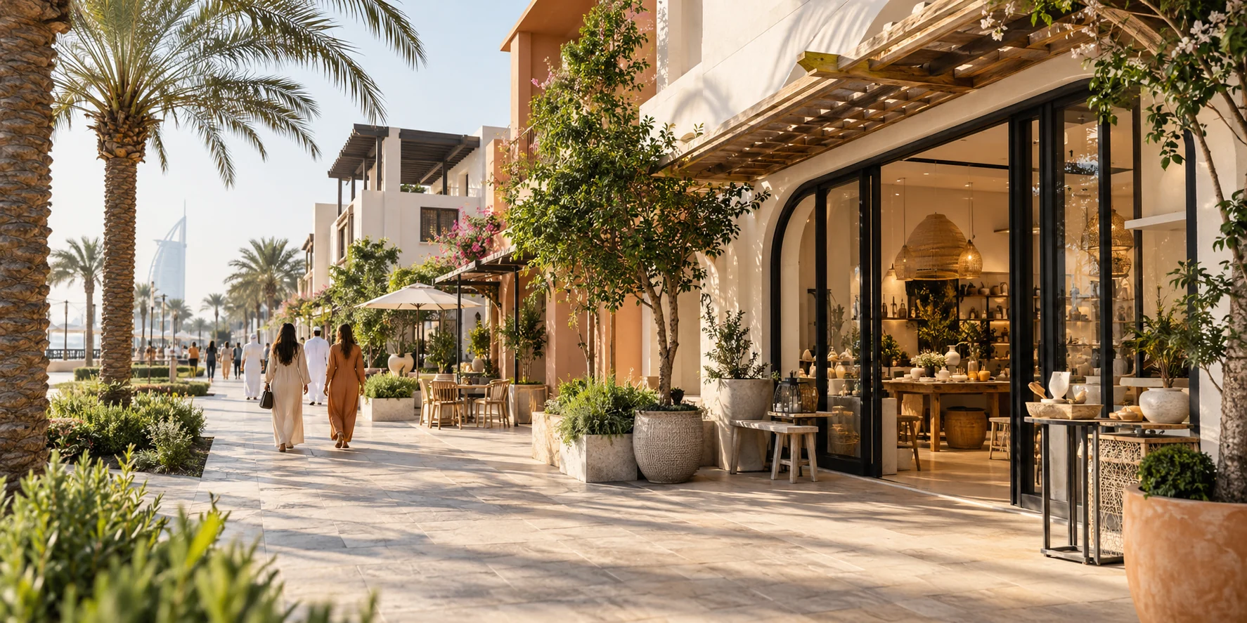 Palm-lined local shopping street in Jumeirah, Dubai