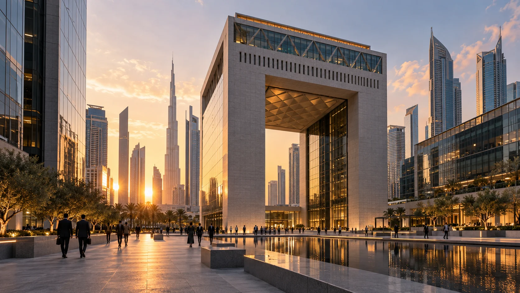 DIFC Gate and modern business buildings in Dubai at sunset