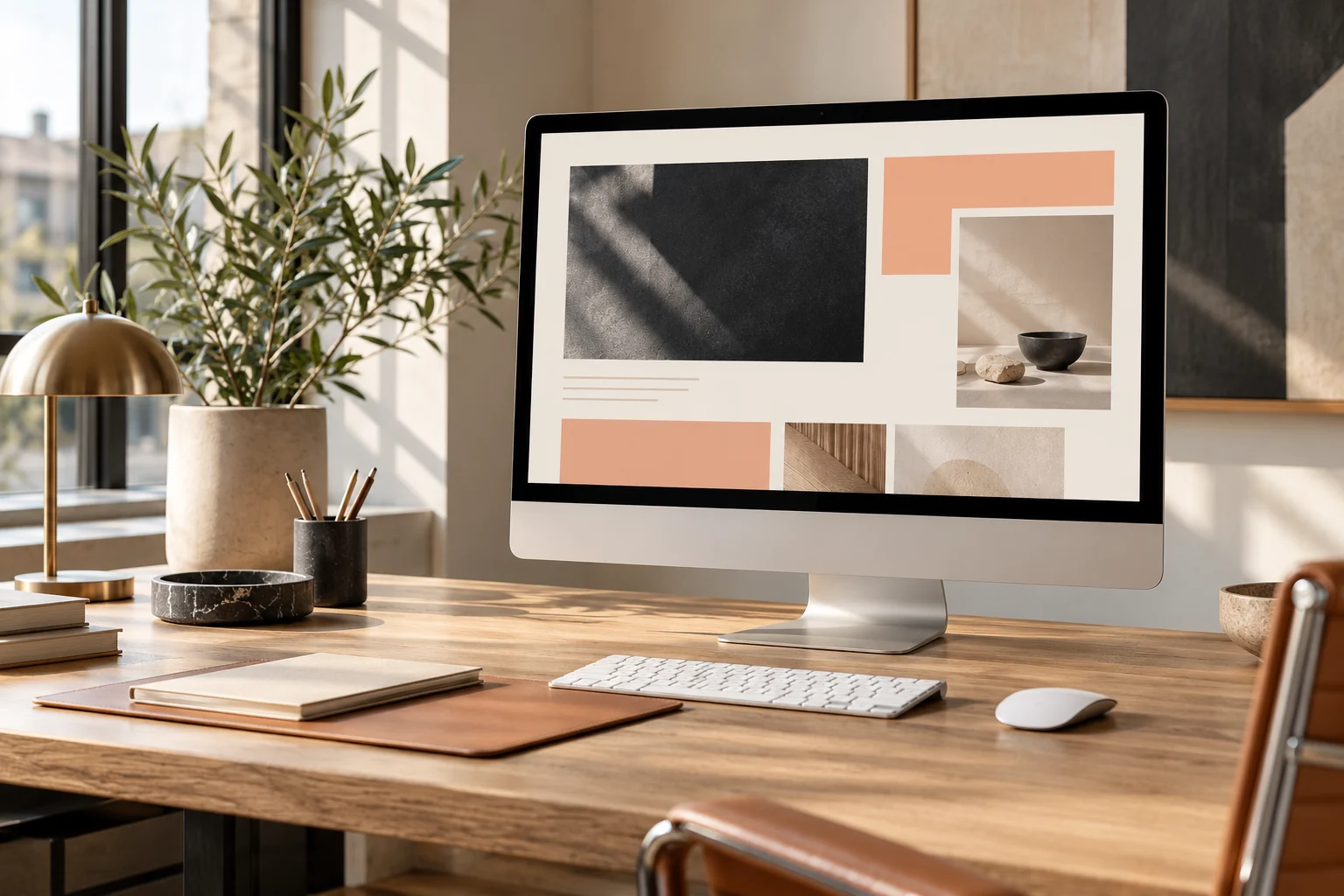Website design workspace with a desktop monitor and warm natural light