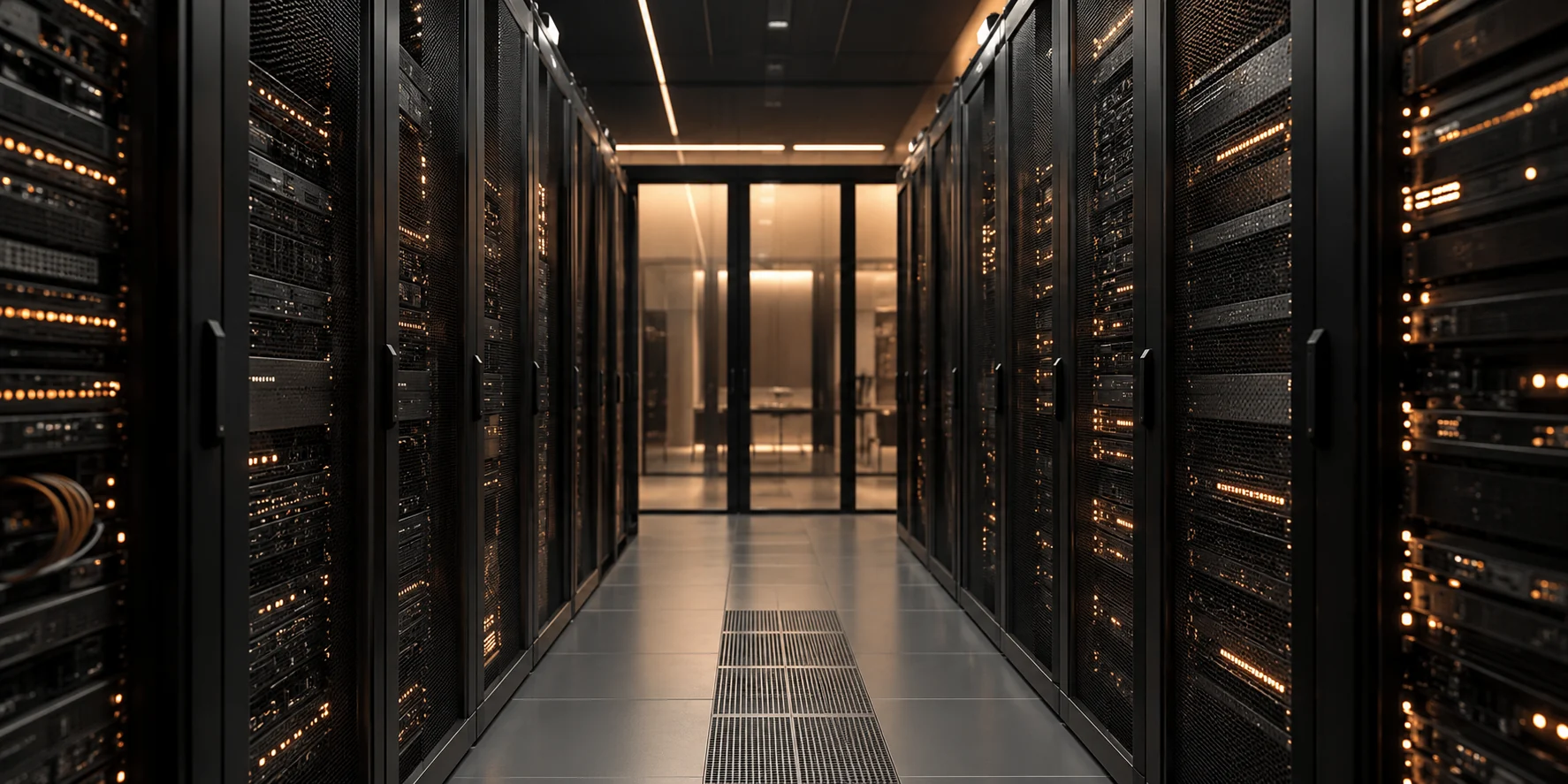 Modern server corridor with subtle warm status lights